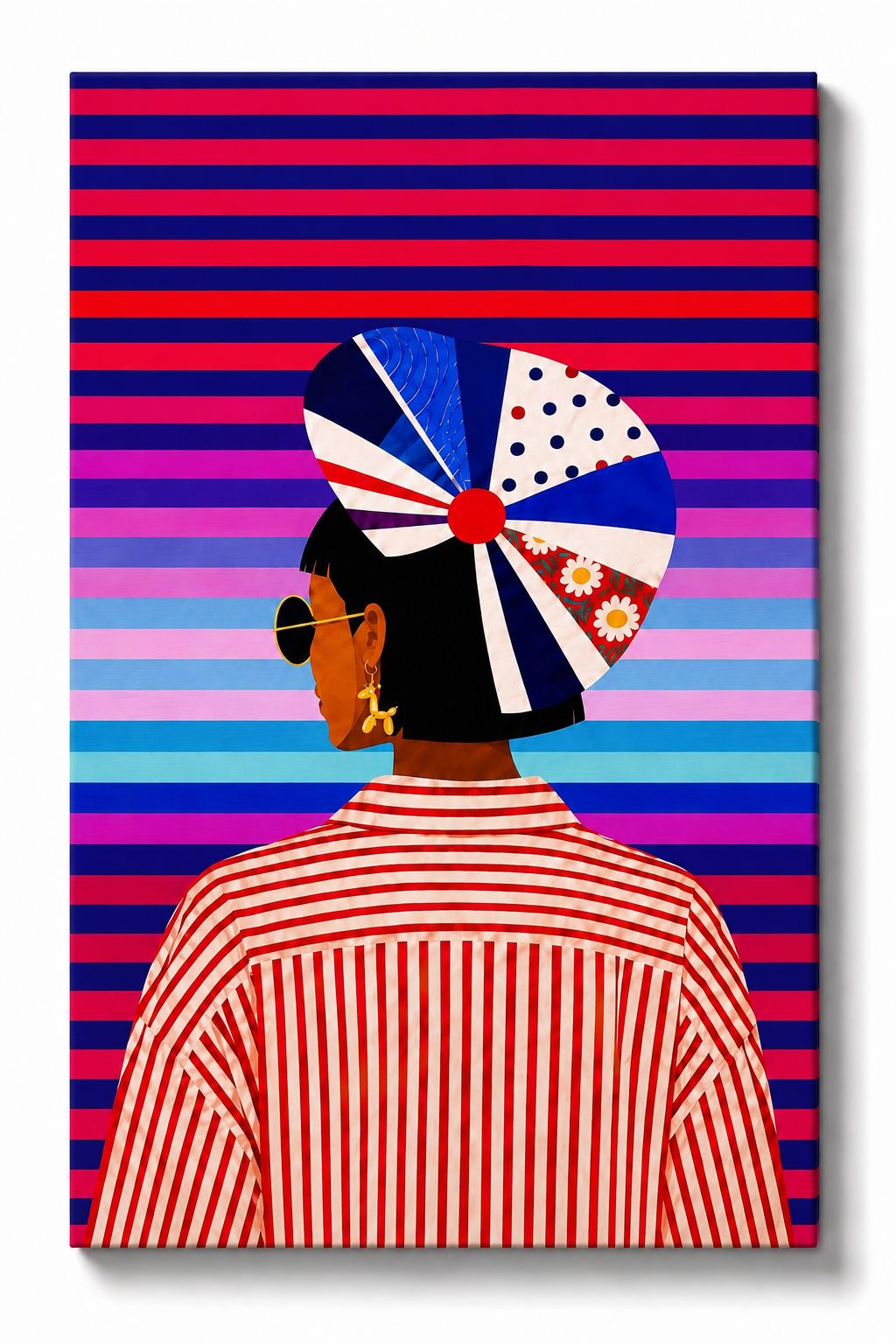 Colourful portrait artwork of a woman in profile against layered red, blue, pink and turquoise stripes